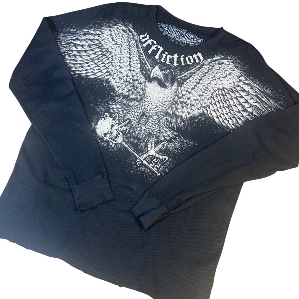 Affliction Thermal Y2K Shirt Mens XL Black Eagle‎ Skull Long Sleeve Waffle Tee